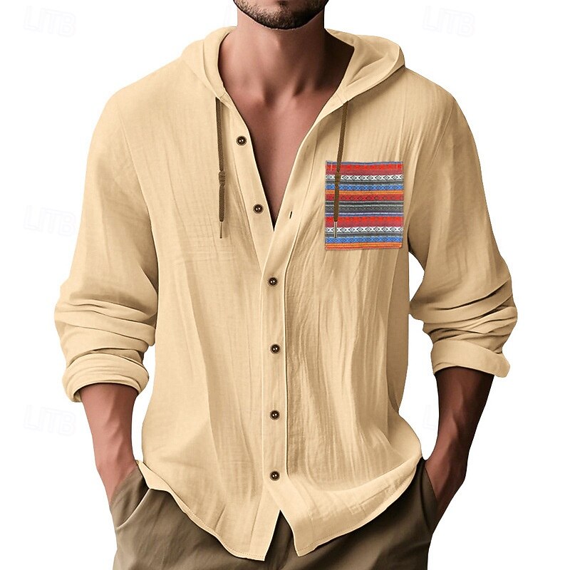 Men's Shirt Linen Shirt Summer Shirt Beach Shirt Button Up Shirt Hooded Shirt Plain Vacation Daily Wear Black White Sky Blue Khaki Long Sleeve Hooded Summer Clothing Apparel Patchwork