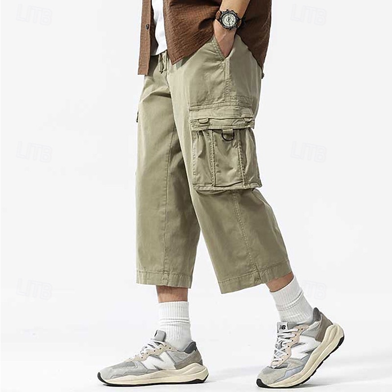 Men's Capri Cargo Shorts Capri Pants Drawstring Elastic Waist Multi Pocket Plain Comfort Wearable Calf-Length Outdoor Sport Daily Fashion Casual Black Khaki