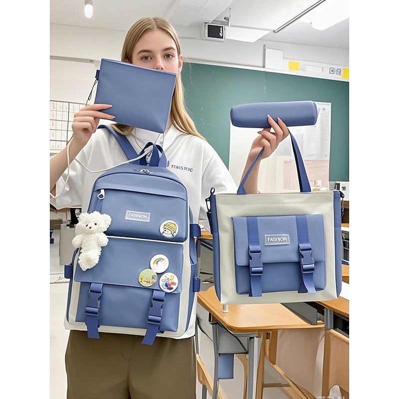 5-Piece Kids Backpack Set with Badge Pins – Lightweight School Bag with Tote, Pencil Case & Crossbody Pouch for Girls and Boys, Ideal for Elementary and Middle School2