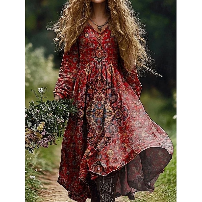 Women's Maxi Dress Sundress Pleated Dress Vacation Casual Boho Going out Beach Standard Fit Graphic Paisley Long Sleeve V Neck Deep Green Black Red Blue Summer Spring