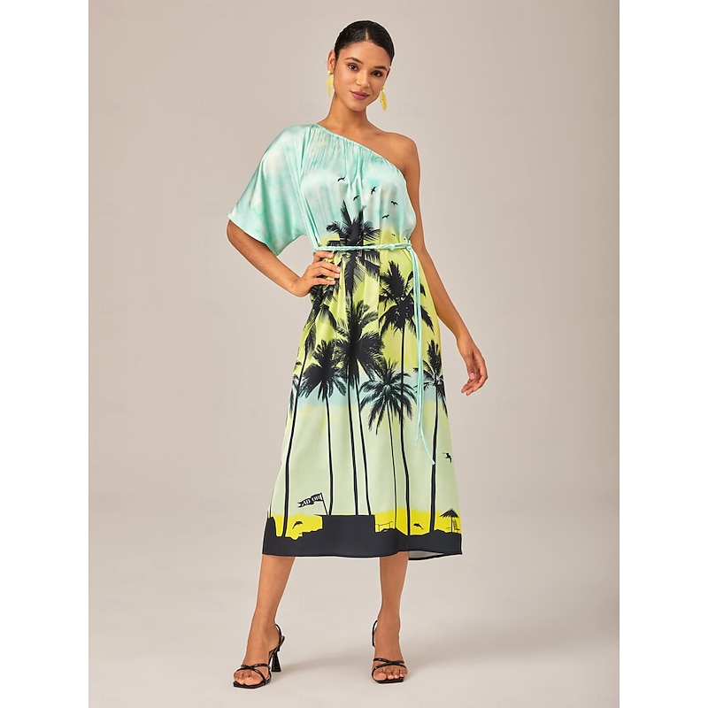 Beach Vibes Asymmetrical Maxi Dress with Coconut Palm Print