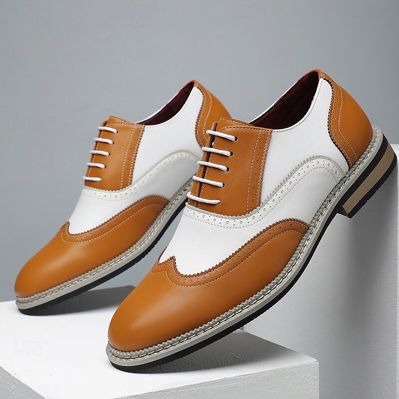 Men's White and Tan Faux Leather Brogue Shoes with Blue Accents – Trendy Prom Shoes for Stylish Men2