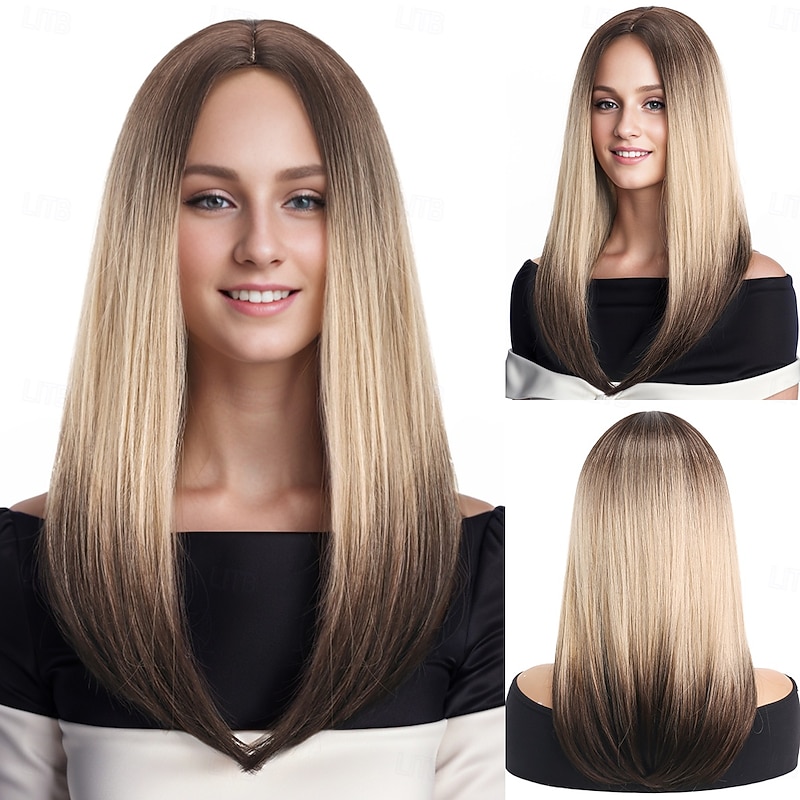 Synthetic Wig kinky Straight Natural Straight Middle Part Asymmetrical Machine Made Wig 18 inch A1 Synthetic Hair Women's Middle Part Classic Color Gradient Blonde