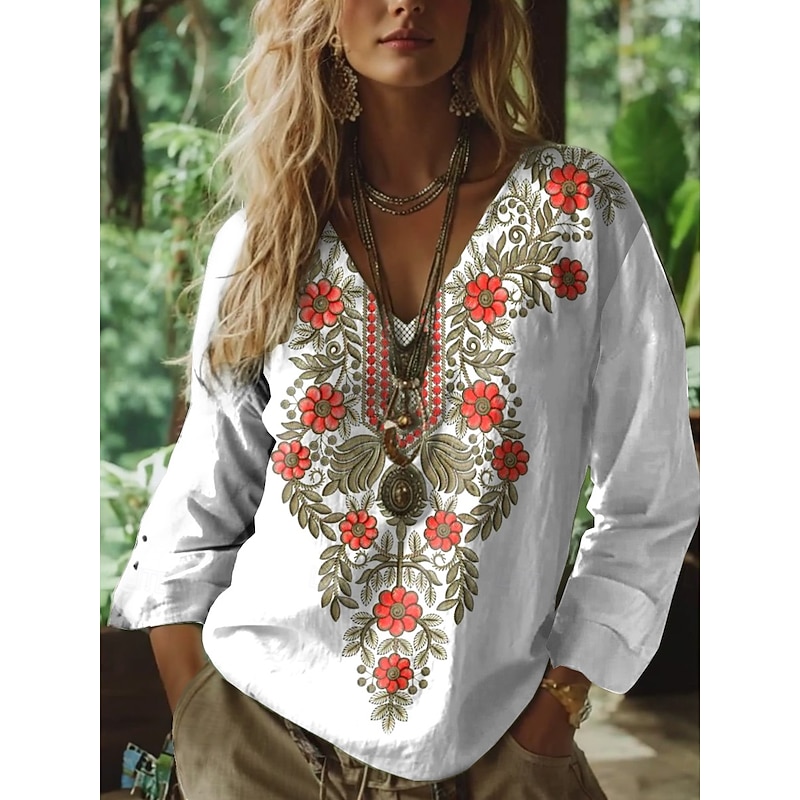 Women's Boho Blouse Floral Graphic Paisley Bohemia Vintage Tropical 3/4 Length Sleeve V Neck Regular Tops White Pink Green Summer Spring