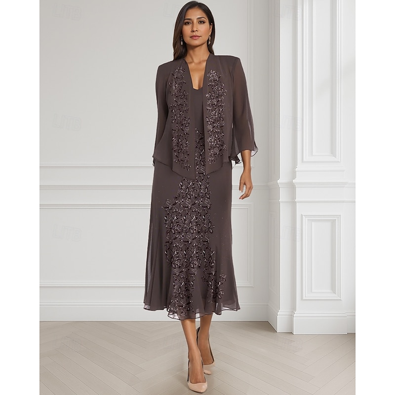Two Piece A-Line Mother of the Bride Dress Elegant Square Neck Floor Length Chiffon Long Sleeve Wrap Included with Lace Tier Embroidery 204