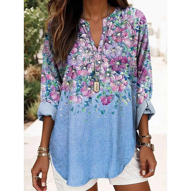 Women's Blouse Tunic V Neck Long Sleeve Boho Casual Floral Graphic Elegant Stylish Regular Tops Daily Print Blue Purple Green