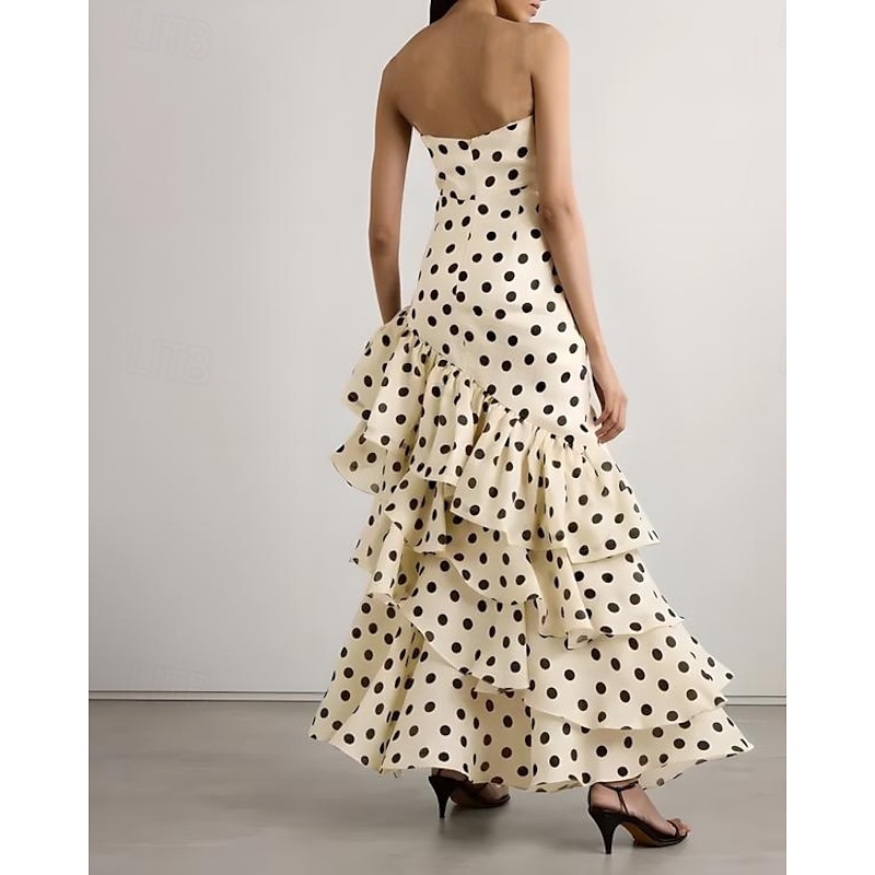 A-Line Cocktail Dresses Tiered Dress Semi Formal Wedding Guest Dress Floor Length Strapless Sweetheart Neckline Chiffon with Ruched Ruffles Polka Dots Print2