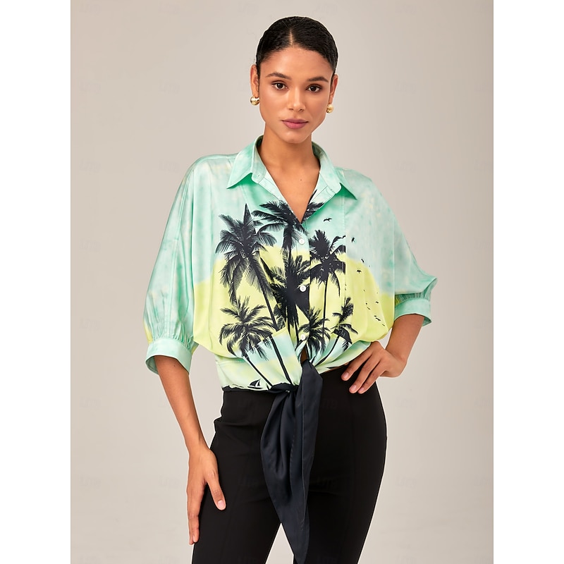 Gradient Background Palm Tree Tie-Front Top  Casual Vacation Style