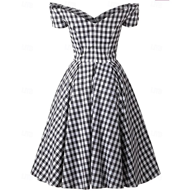 Retro Vintage 1950s Rockabilly Midi Dress A Line Dress Flare Dress Off Shoulder Gingham A-Line Fancy Dress Women's Vacation Tea Party Party & Evening Adults Dress Summer2