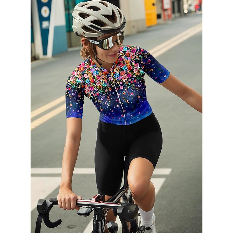 Women's Cycling Jersey Graphic Gradient Floral Botanical Short Sleeve Bike Jersey Top with 3 Rear Pockets Sunscreen UV Resistant Quick Dry Reflective Strips Sports Dark Blue Clothing Apparel