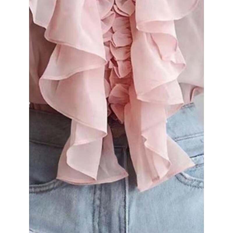 Women's Shirt Button Down Blouse Solid Color Floral Plain Stylish Casual Long Sleeve V Neck Regular Tops Daily Ruffle Black White Pink Blue Summer Spring4