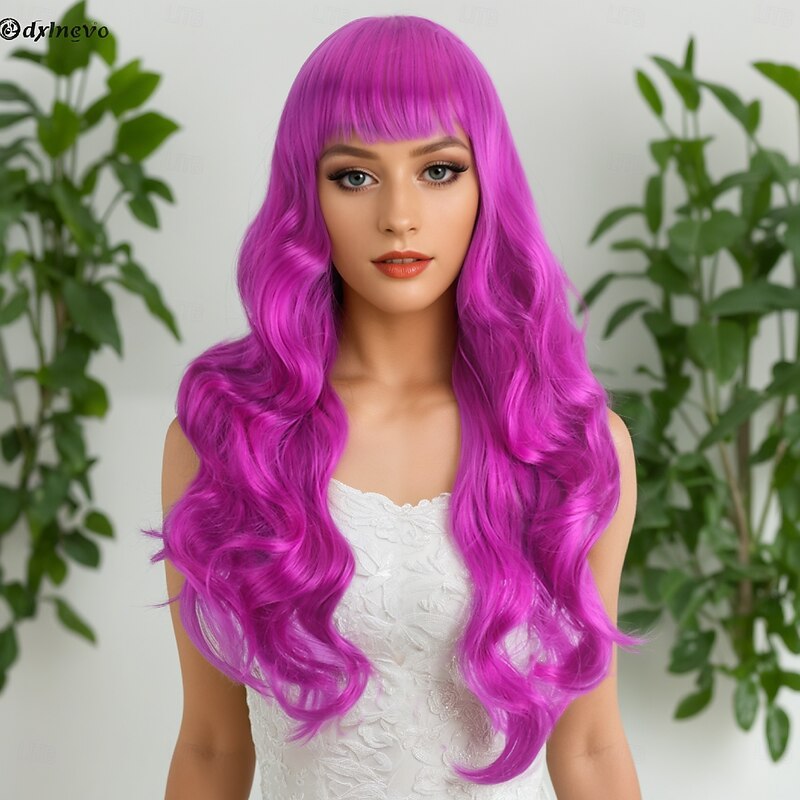 Synthetic Wig Wavy Bouncy Curl Layered Haircut Neat Bang Machine Made Wig 28 inch A1 Synthetic Hair Women's Classic Color Gradient Highlighted / Balayage Hair Purple