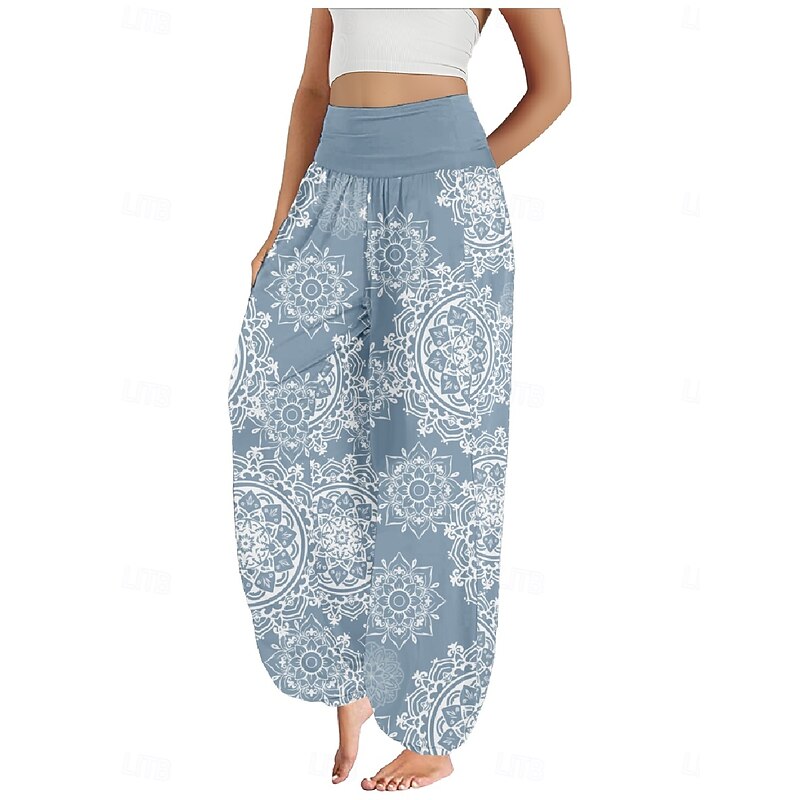 Women's Linen-Inspired Pants Wide Leg Pants Trousers Ethnic Style Casual Boho Full Length High Waist Floral Paisley Pocket Elastic Waist Printing Breathability Soft Micro-elastic Outdoor Yoga Red