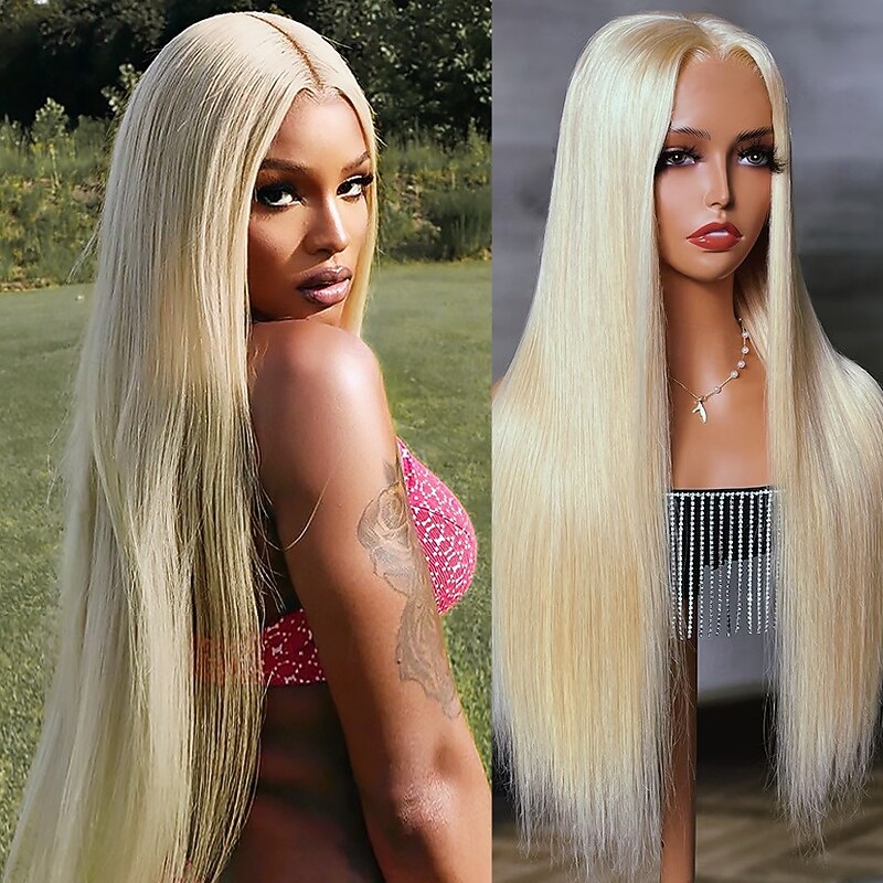 613# 13x4x1 T Part Lace Front Wig Middle Part Brazilian Hair Straight Blonde Wig 150% Density