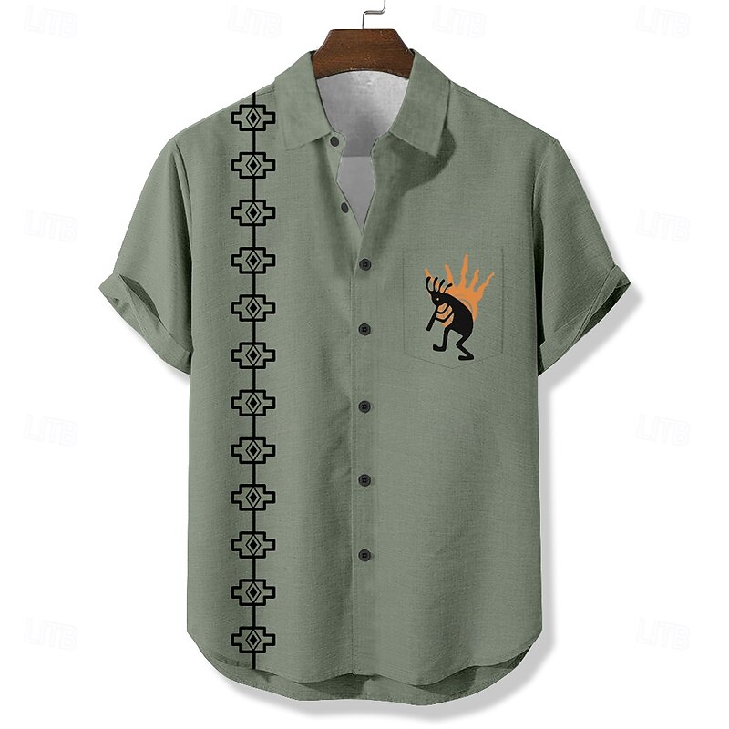 Men's Geometric Ethnic Kokopelli Shirt Casual Shirt Button Up Shirt Short Sleeve Vintage Retro Vacation Holiday Streetwear Summer Turndown 3D Print Front One Pocket Linen Like Shirt Green Khaki2