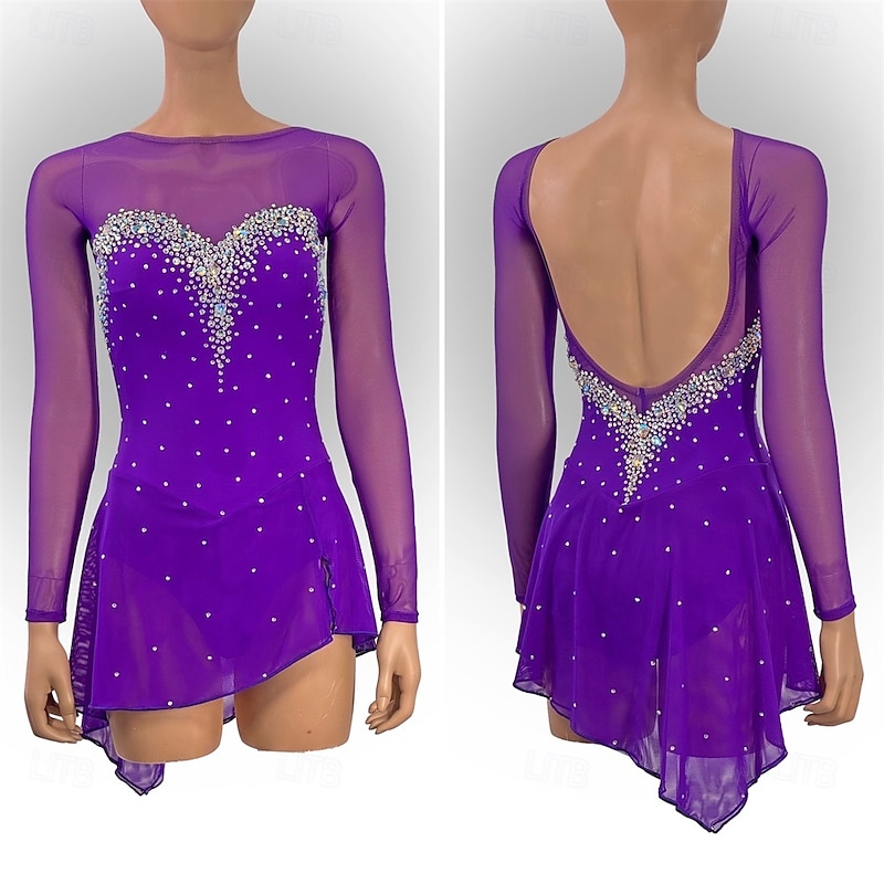 Figure Skating Dress Women's Girls' Ice Skating Dress Fuchsia Patchwork Open Back Mesh High Elasticity Training Competition Skating Wear Classic Crystal / Rhinestone Long Sleeve Ice Skating Figure