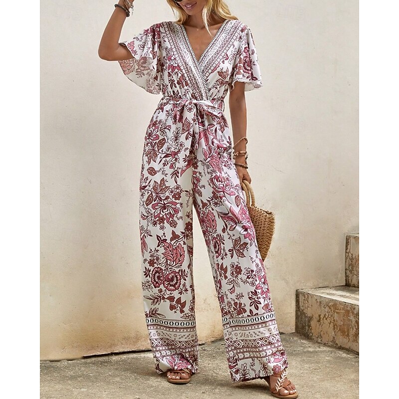 Women's Normal Jumpsuit Streetwear Floral Short Sleeve Straight V Neck Print Street Daily Regular Fit Pink Summer4