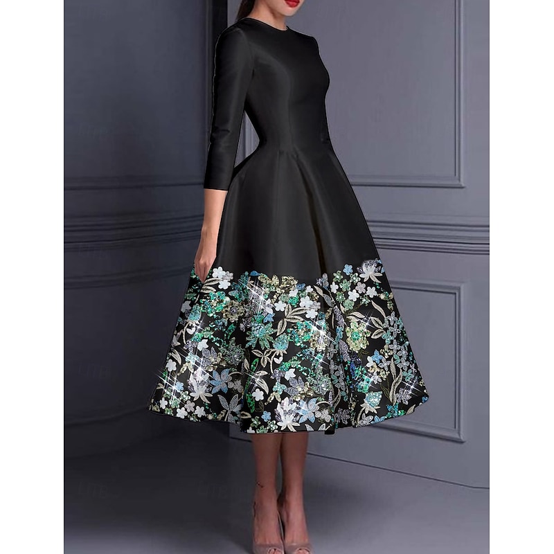 Floral Embroidered A-Line Cocktail Elegant Dress Formal Wedding Ankle Length Long Sleeve Crew Neck Satin with Slit4