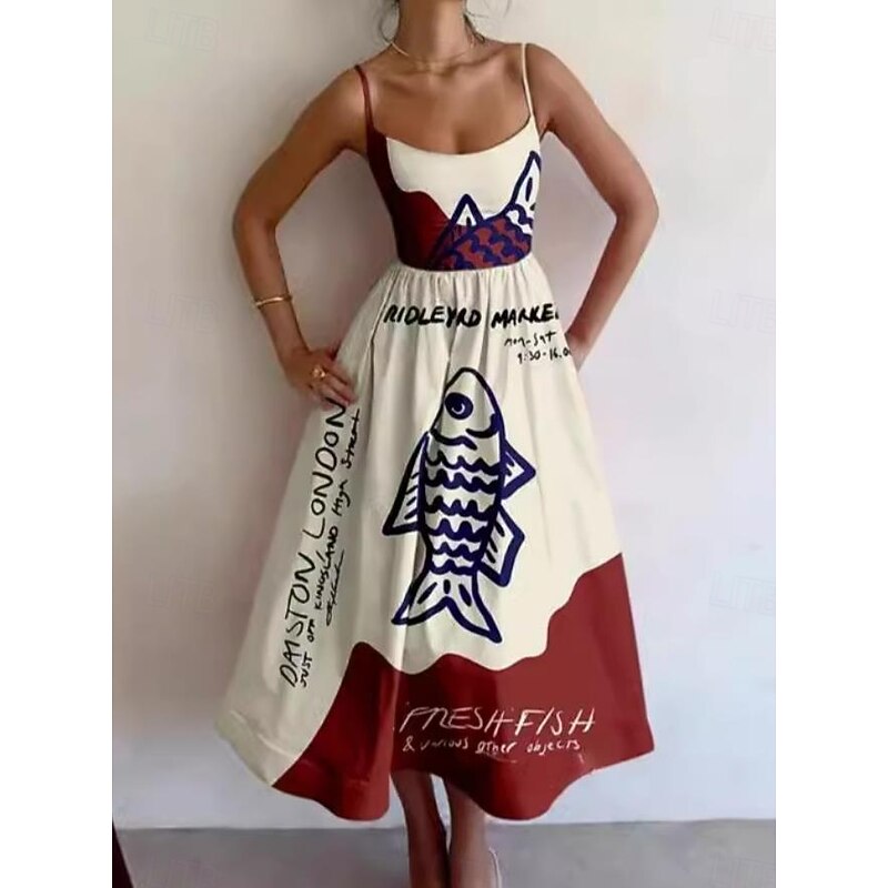 Women's Midi Dress Sheath Dress Vacation Casual Formal Party Graphic Animal Fish Sleeveless Spaghetti Strap White+Black Blue White White Red Summer Spring