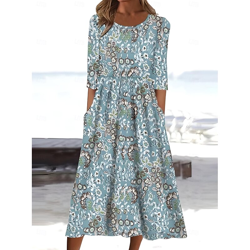 Women's Midi Dress Summer Dress Pleated Dress Vacation Casual Beach Daily Holiday Regular Fit Floral Graphic Short Sleeve Crew Neck White Blue Orange Green Summer