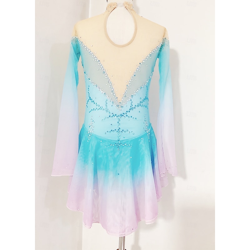 Figure Skating Dress Women's Girls' Ice Skating Dress Pink Green Patchwork Open Back Mesh Spandex Stretchy Training Practice Professional Skating Wear Thermal Warm Classic Crystal / Rhinestone Long4
