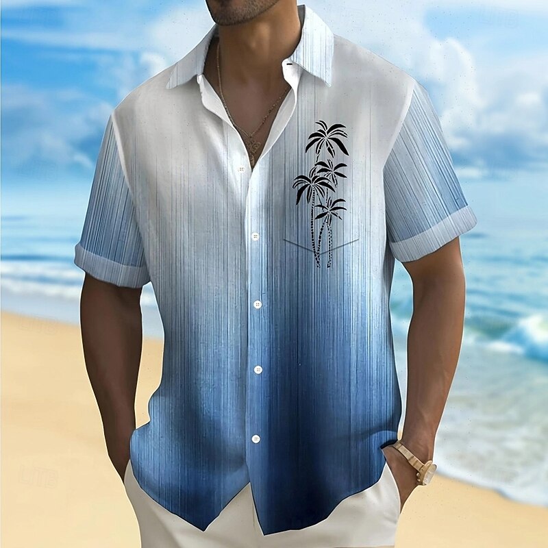 Men's Gradient Color Coconut Palm Shirt Summer Hawaiian Shirt Button Up Shirt Short Sleeve Hawaiian Vacation Holiday Beach Wear Summer Spring Turndown 3D Print Collared Shirts Front One Pocket Blue