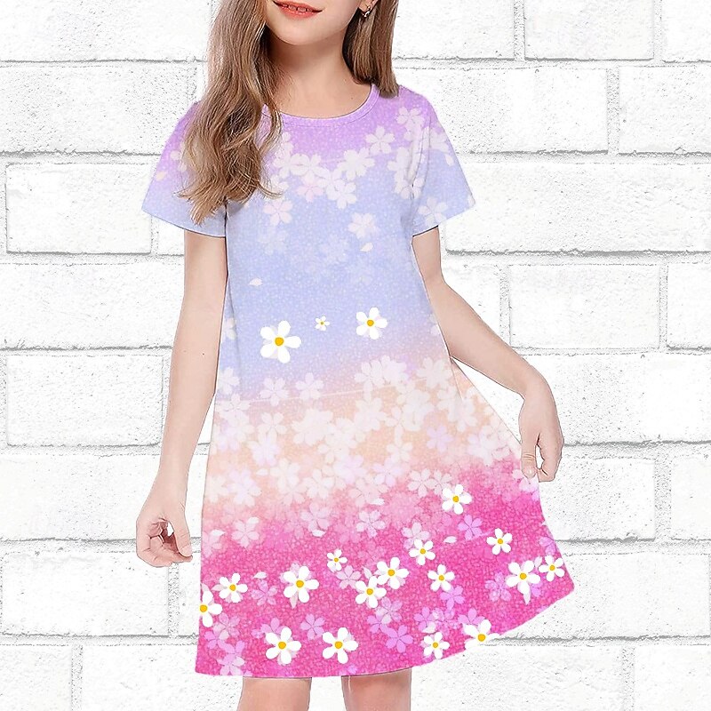 Girls' 3D Floral Dress Short Sleeve Summer Spring Vacation Daily Holiday Princess Beautiful Sweet Kids 4-12 Years Casual Dress Knee-length Regular Fit