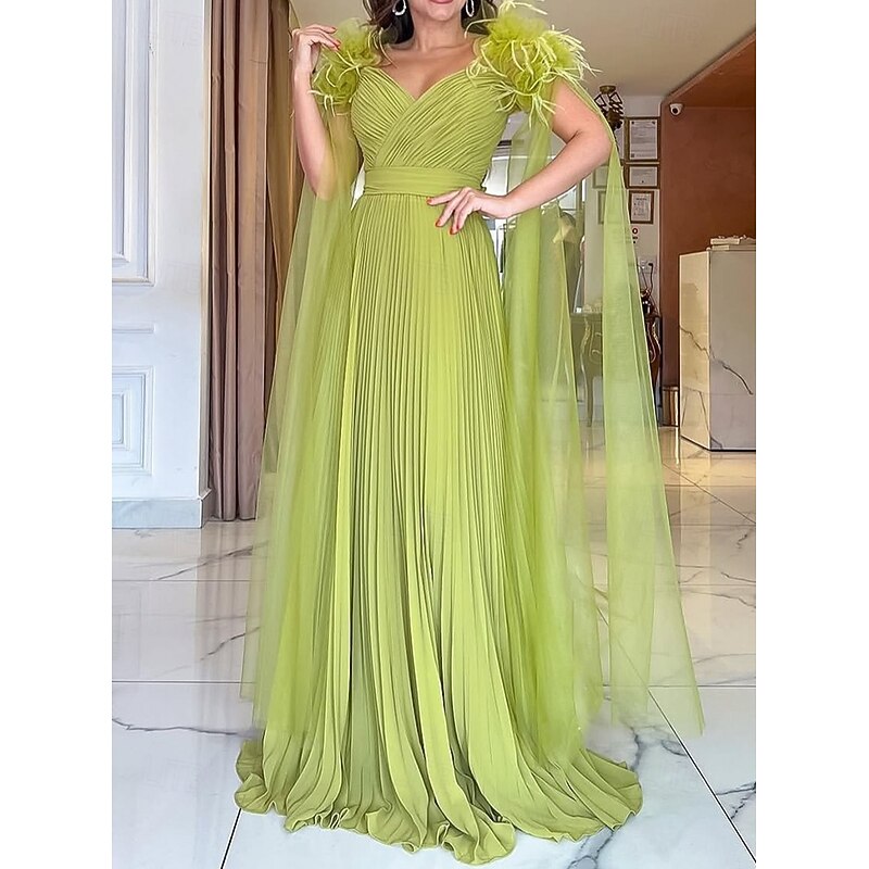 A-Line Evening Gown Elegant Dress Formal Wedding Guest Floor Length Short Sleeve Sweetheart Belt / Sash Chiffon with Feather Pleats2