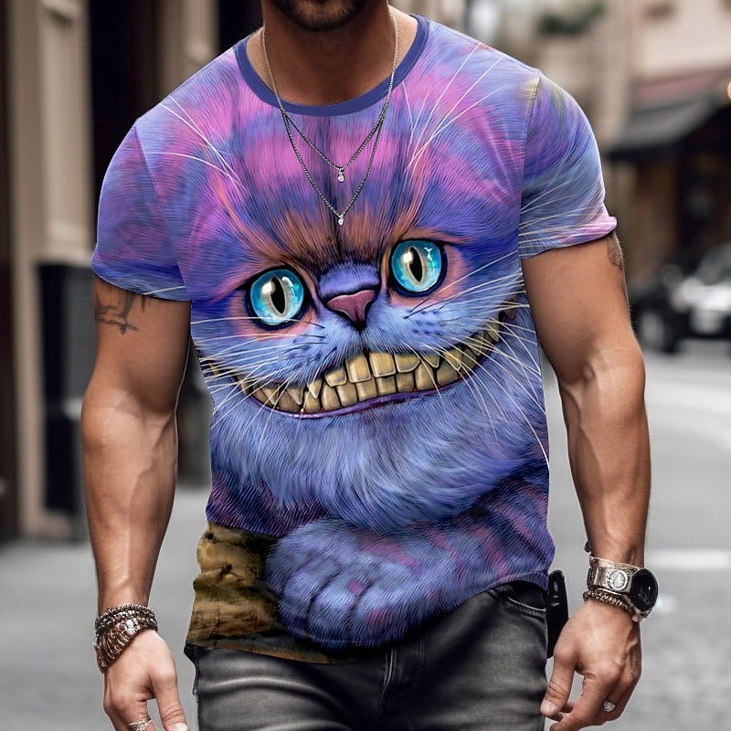 VINCENT HIE Cheshire Cat Men's 3D Cat T Shirt Short Sleeve T shirt 3D Print Crew Neck Shirt Exaggerated Designer Party Street Daily Purple Summer Spring All Seasons Clothing Apparel