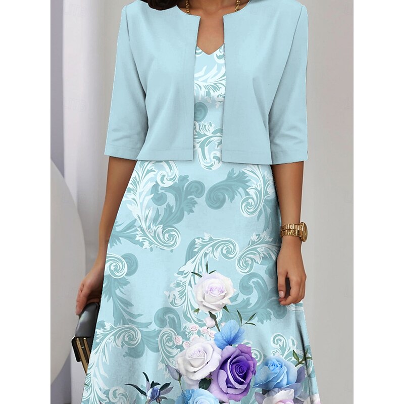 Women's Two Piece Dress Sets Midi Dress with Jacket Elegant A Line Dress Half Sleeve Party Semi Formal Floral Graphic Print V Neck Wedding Guest Daily Blue Regular Fit4
