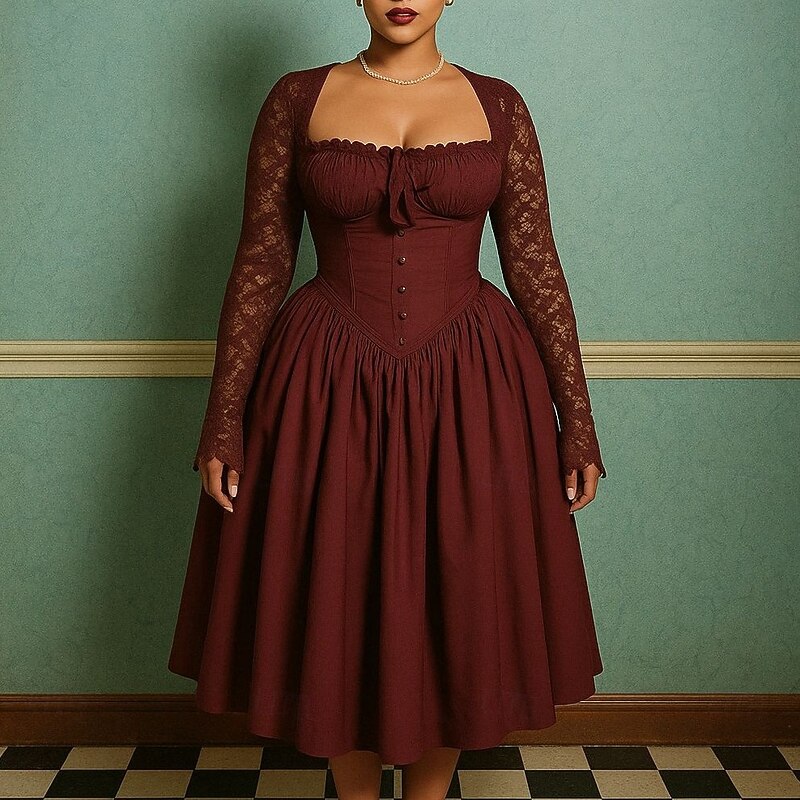 Retro Vintage 1950s Midi Dress Prom Dress Lace Regency Inspired Fancy Dress Women's Carnival Masquerade Wedding Cocktail Party Dress Adults' Dress All Seasons