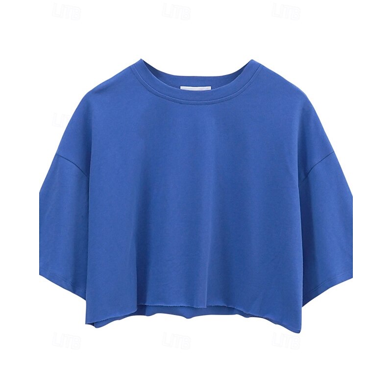 Women's Blouse Plain Modern Short Sleeve Crew Neck Crop Tops Holiday Going out Black Blue Green Summer2