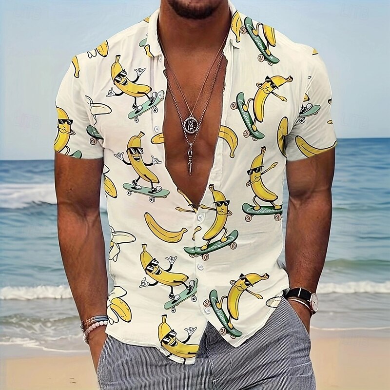 Men's Funny Banana Skateboard Shirt Summer Hawaiian Shirt Button Up Shirt Short Sleeve Hawaiian Vacation Holiday Beach Wear Summer Spring Turndown 3D Print Collared Shirts Light Khaki Beige