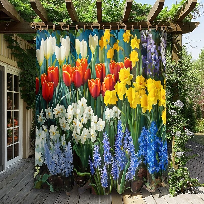 Waterproof Outdoor Curtain Privacy, Sliding Patio Curtain Drapes, Pergola Curtains Grommet 3D Flowers Tulips Landscape For Gazebo, Balcony, Porch, Party, 1 Panel3