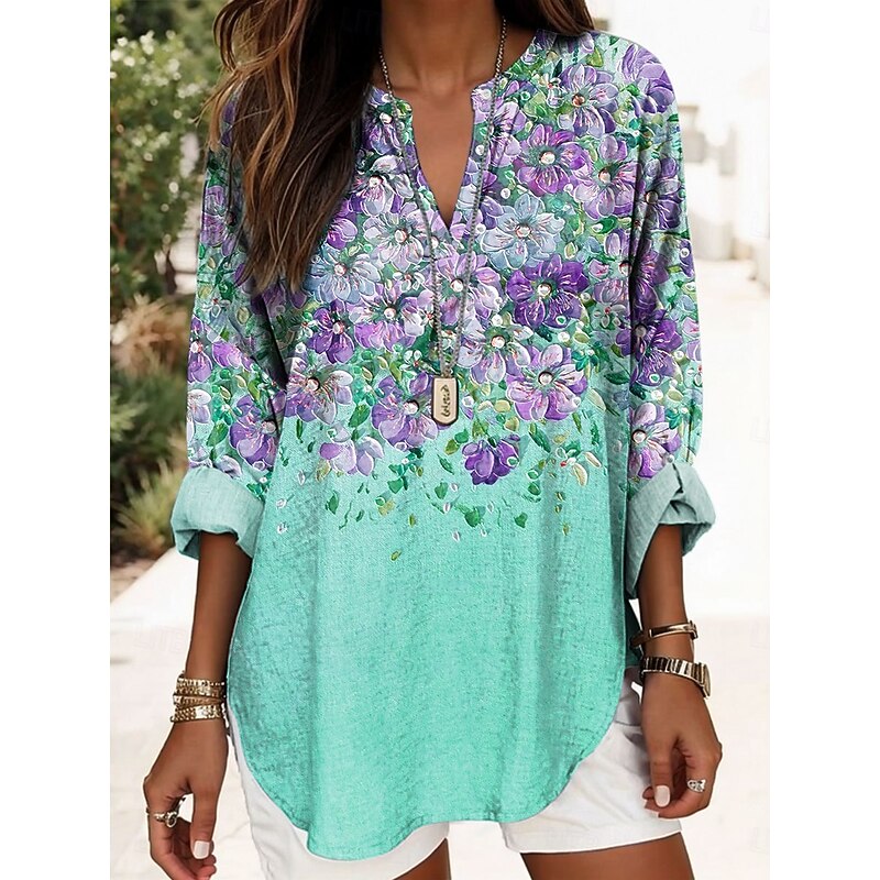 Women's Blouse Tunic V Neck Long Sleeve Boho Casual Floral Graphic Elegant Stylish Regular Tops Daily Print Blue Purple Green3