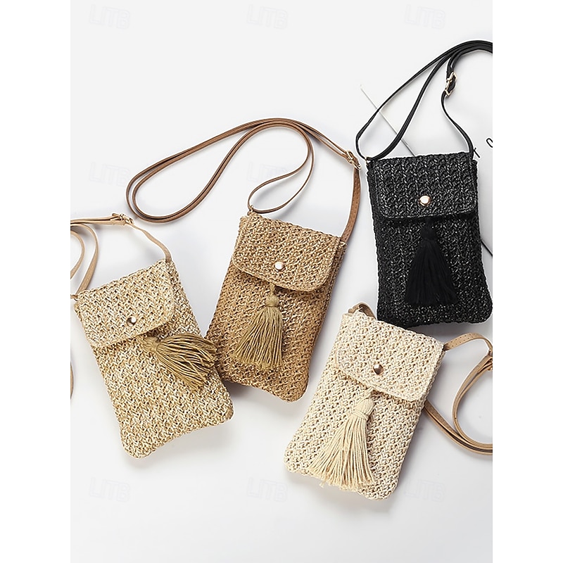 Women's Woven Straw Crossbody Phone Bag with Tassel – Boho Summer Beach Mini Purse for Travel, Outdoor and Casual Outfits4