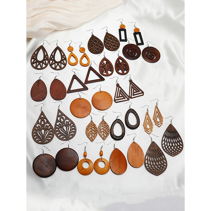 Women's Boho Wood Dangle Earrings - Various geometric shapes, lightweight natural wood statement jewelry, perfect for casual looks, beach vacations and summer festivals4