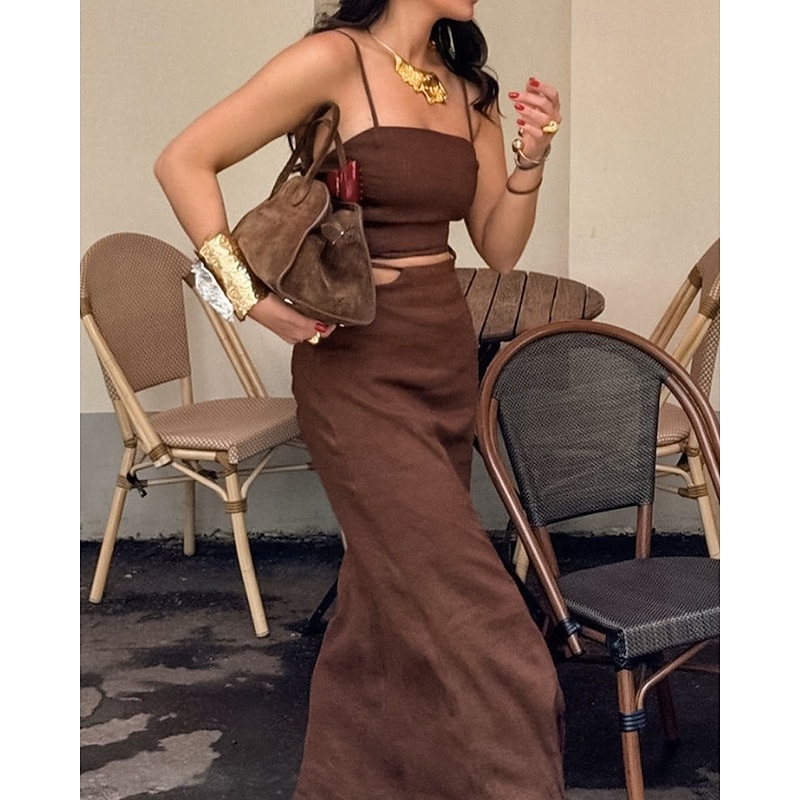 Women's Fashion Streetwear Cotton Linen Sets Skirt Sets Sleeveless Strap Plain Backless Holiday Weekend Brown Summer Regular Fit4