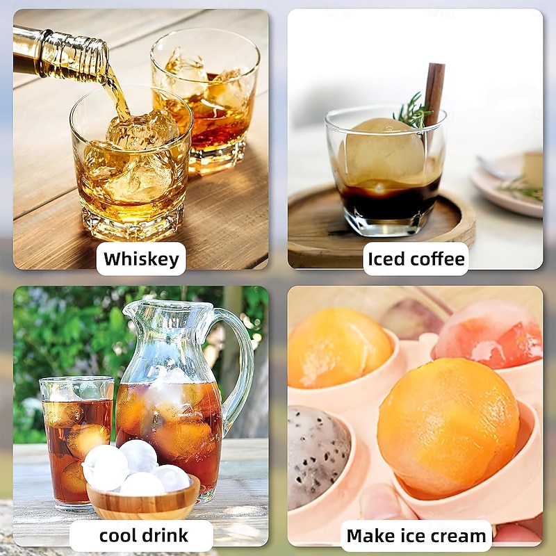 Whiskey Ice Ball Mold - 4.5cm Silicone Maker With Individual Lid for Easy Fill and Release - 6 Round Sphere Molds for Cocktails and Bourbon4