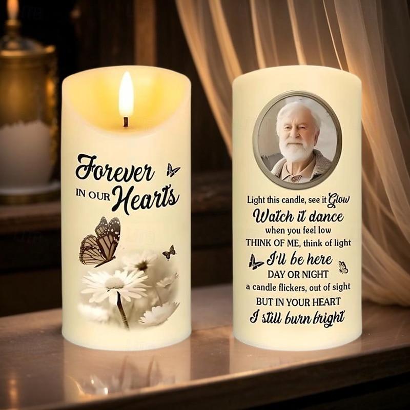 Personalized Memorial LED Candle Custom Photo Sympathy Gifts For Loss Of Loved Ones, Forever In My Heart Elegant Keepsake Light for Bedroom Home Decor Tribute Display