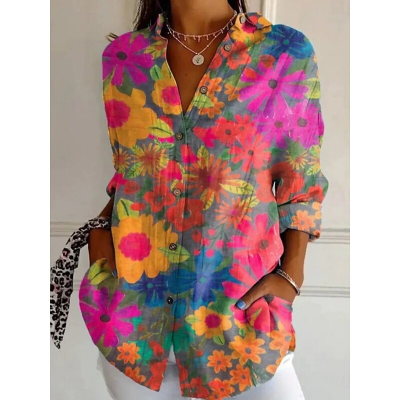 Women's Shirt Floral Striped Stylish Modern Long Sleeve Shirt Collar Regular Tops Daily Holiday Pocket Buttons Print Blue Purple Fuchsia Orange Summer