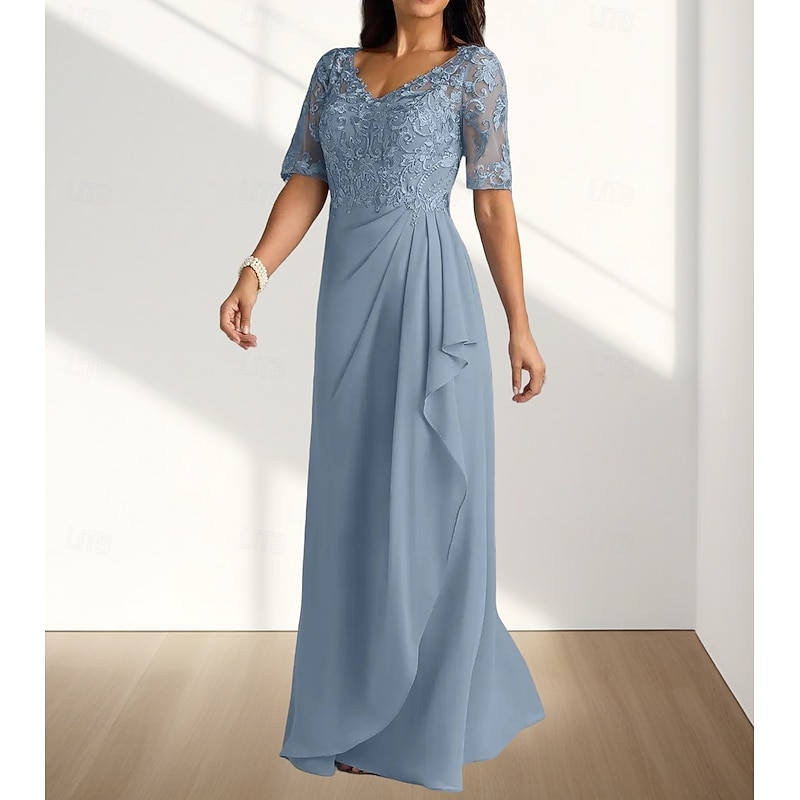 A-Line Mother of the Bride Dress Wedding Guest Elegant V Neck Floor Length Chiffon Half Sleeve with Pleats Appliques