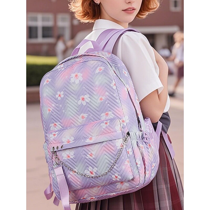 Girls Floral School Backpack – Lightweight Quilted Bookbag with Chain Decor and Water-Resistant Fabric for Teen Students and Middle School Use