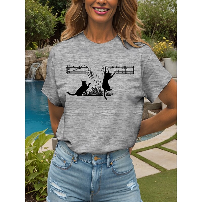 Women's T Shirt Cotton Shirt Graphic Cat Vintage Stylish Classic Short Sleeve Crew Neck Round Neck Regular Tops Daily Print Black White Gray Summer4