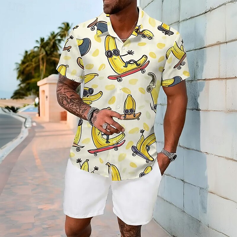 Men's Funny Banana Skateboard Shirt Summer Hawaiian Shirt Button Up Shirt Short Sleeve Hawaiian Vacation Holiday Beach Wear Summer Spring Turndown 3D Print Collared Shirts Light Khaki Beige2