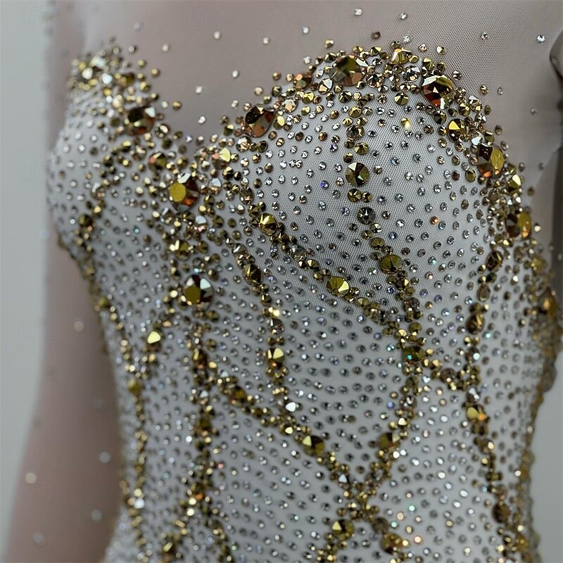 Figure Skating Dress Women's Girls' Ice Skating Dress Gold Patchwork Open Back Mesh High Elasticity Training Competition Skating Wear Classic Crystal / Rhinestone Long Sleeve Ice Skating Figure3