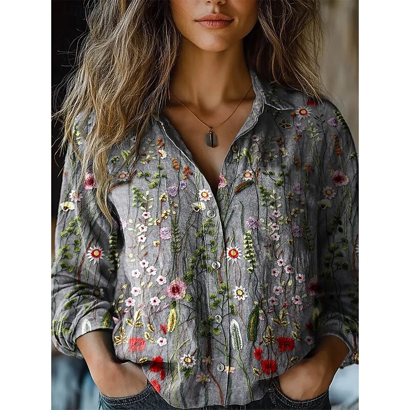 Women's Shirt Floral Retro Vintage Ethnic Long Sleeve Shirt Collar Regular Tops Daily Holiday Pocket Buttons Print Blue Gray Summer3