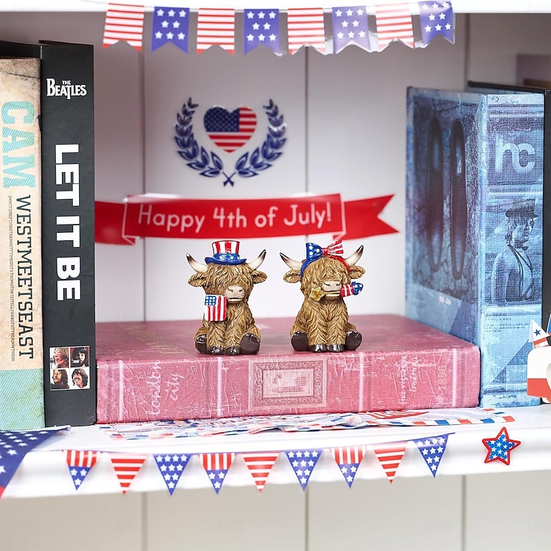 4th of July Decorations Patriotic Highland Yaks for Home Decor, USA Garden Statue Outdoor Yard Decorations, Stars and Stripes Highland Yak Figurine for Memorial Day Independence Day3