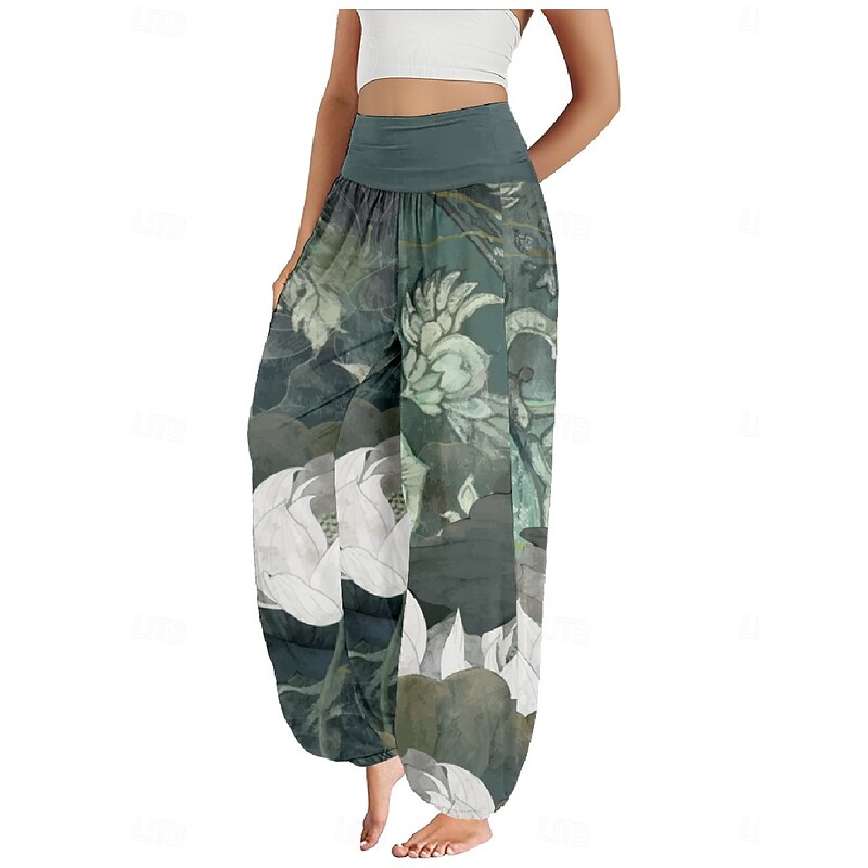 Women's Linen-Inspired Pants Wide Leg Pants Trousers Ethnic Style Casual Boho Full Length High Waist Floral Pocket Elastic Waist Printing Breathability Soft Micro-elastic Outdoor Yoga Blue Purple