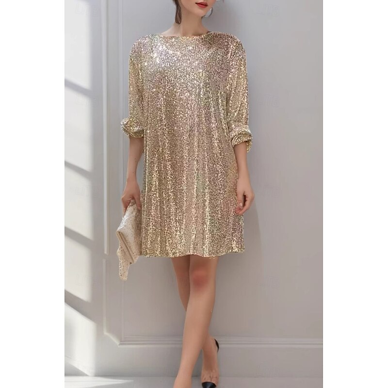 Women's Mini Dress Sequin Dress Party Dress Fashion Party Cocktail Party Regular Fit Plain Long Sleeve Crew Neck Black White Champagne Red Summer3